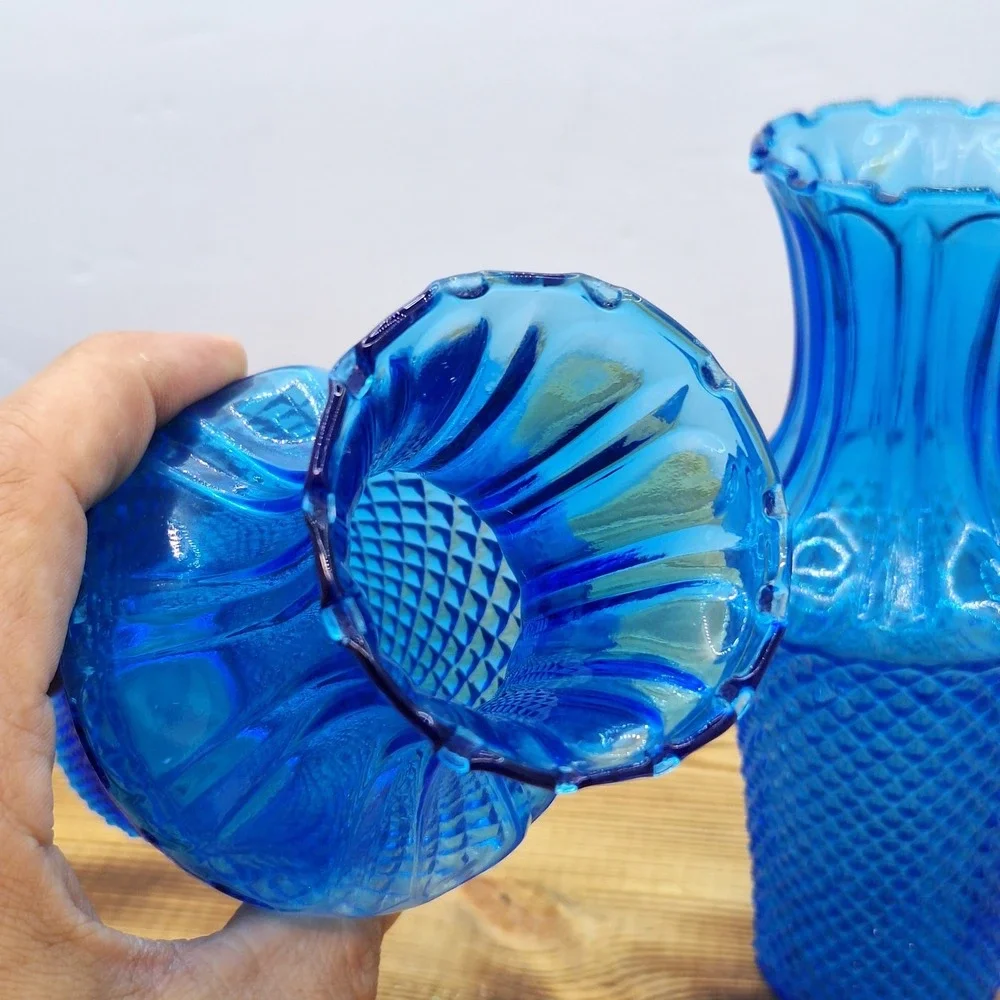 X2 Vintage Sapphire Blue Glass Bouquet Vase Diamond Point Hobnail Set‎ X2 6in
